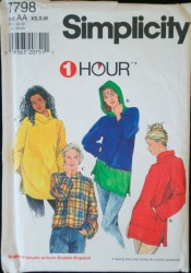7798 Simplicity PULLOVER LS COWL/ COLLAR/ HOOD TOP, TUNICS 1 Hour  PATTERN XS=MED UNCUT